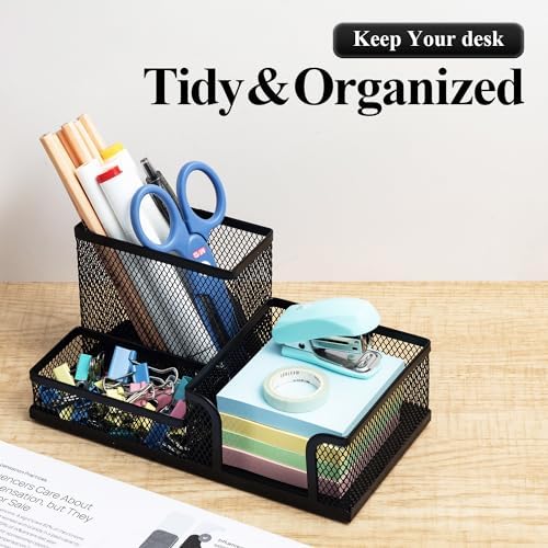 M&G Mesh Pen Holder Desk Organizers Pencil Holder for Desk Black, 3 Compartments Metal Office Supply Organizer with Sticky Notes Holder for School Home Office - Image 2