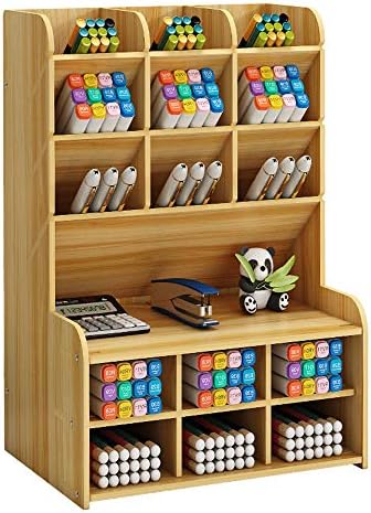 Hggzeg Wooden Desk Organizer, Large Capacity DIY Pen Holder Storage Box Desktop Stationary Storage Rack, Pen Organizer Caddies for Office, Home and School Supplies (B15-Cherry Color) by Hggzeg