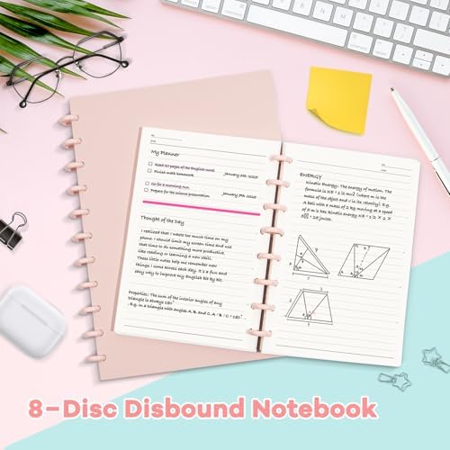 Discbound Notebook, 8-Disc Disbound Planner with Removable Pages, 180 Pages Spiral Notebook, Poly Cover Discbound Planner for Work, Travel, Note Taking(With Index Sticker),Pink,A5 - Image 4