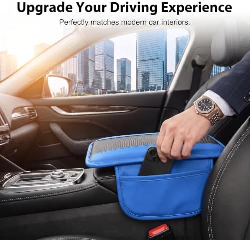 Car Center Console Organizer Cover, Carbon Fiber Texture Leather Armrest Cover with 2 Side Storage Pockets, Anti-Slip Elastic Console Pad, Car Interior Accessories for Most Cars (Blue) - Image 3