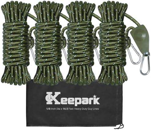 Camping Ropes Guy Line - Tarp Tie Down Ropes with Ratchet System, Pulley & Reinforced Metal Gear - Adjustable Heavy Duty Guy Lines for Canopy Tent, Quick Setup Outdoor Strap-4Pack - 6Pack by Keepark