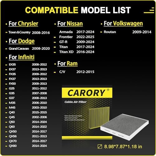 Cabin Air Filter w/Activated Carbon for Nissan Frontier 2022-2025, Titan 2017-2024, Infiniti Q50 2014-2024, Chrysler Town & Country 2008-2016, Dodge Grand Caravan 2008-2020, and More, CF743 - Image 3