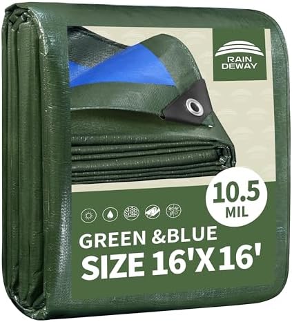RAINDEWAY 16x16 Feet Tarps Heavy Duty Waterproof 10.5 Mil Outdoor Poly Tarp by RAINDEWAY