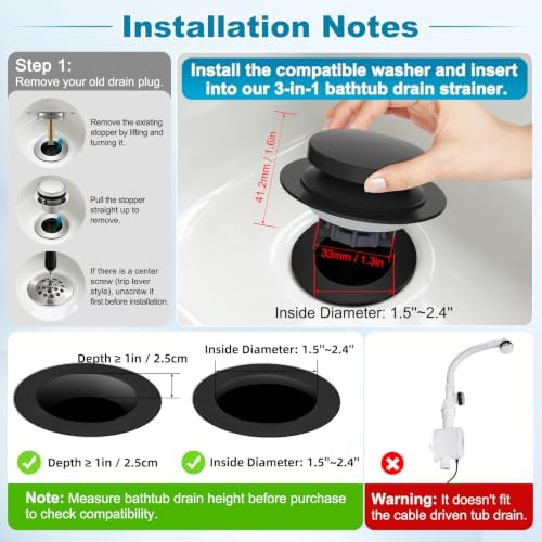 Hibbent 3 in 1 Metal Bathtub Drain Stopper, Universal Pop Up Tub Stopper - Image 4