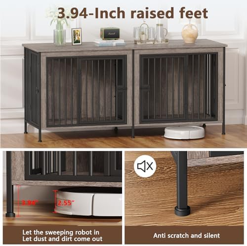 EasyCom 78.74" Dog Crate Furniture for 1 or 2 Dogs, 35-60 Pounds, Oak Grey - Image 3