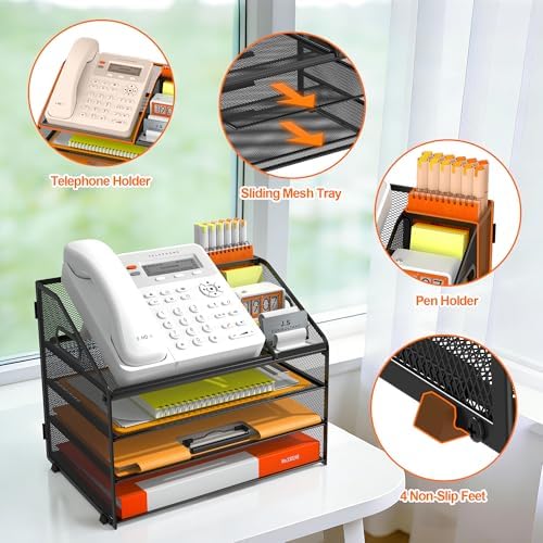 DocNest 4 Tier Metal Mesh Desk File Organizer with Phone Shelf, Black - Image 4