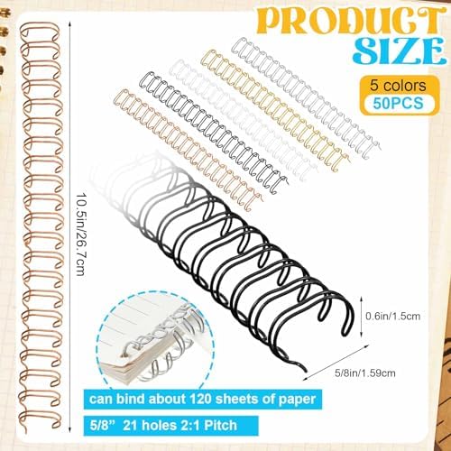MorningRo 50 Pcs 1 Inch Metal Double Loop Cinch Binding Wires Bulk Double Spiral Binding Ring Coil Twin Spines Combs 2: 1 Pitch Cinch Machine Wire for Document Notebook File Making, 5 Colors - Image 2