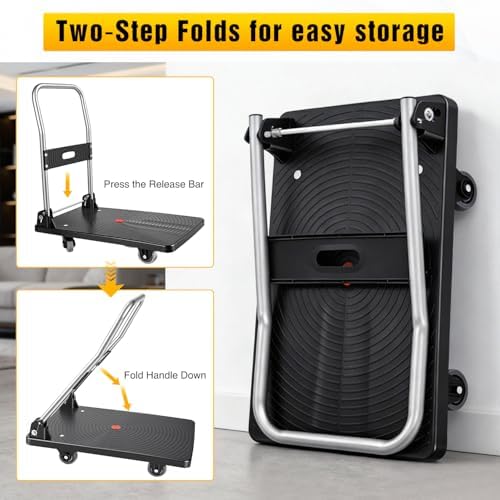 Foldable Platform Cart 220 lbs Push Dolly with 3 Inch PU Wheels PP Deck Flatbed Cart for Home Garage Office Use Black - Image 4