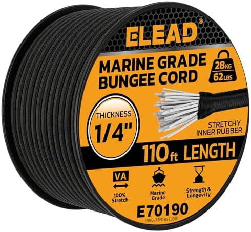 Heavy Duty Bungee Cord Roll, 1/4" x 110ft Marine Grade Outdoor Bungee Cords, Black Super Elastic Shock Cords, Long Cord for Cargo, Camping, Bike Racks, Tents by ELEAD