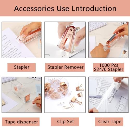 suniya Office Supplies,Rose Gold Desk Accessories,with Stapler,Tape Dispenser,Pen Holder,Scissors,Phone Stand,Staple Remover,Ballpoint Pen,Clear Tape,Staples,Ruler,Clips,Best Gift for Business or Boss - Image 2