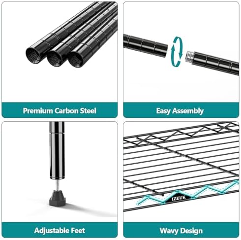 IZEUK 4-Tier Heavy Duty Steel Storage Shelves, Metal Shelf Wire Shelving Rack for Pantry, Kitchen, Garage, or Office Organization (29.5" W x 13.7" D x 47.2" H, 1000LBS, Black) - Image 4