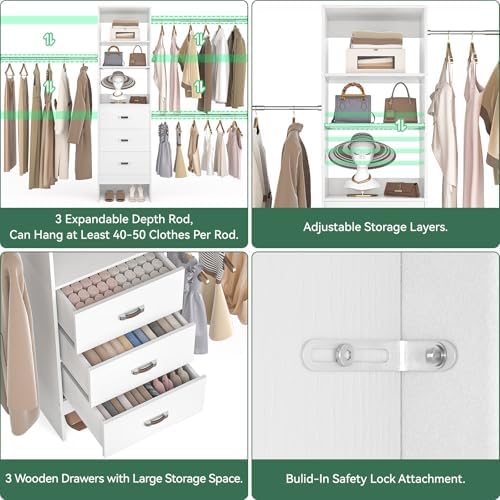 Besiost 96'' Closet Organizer System with 3 Hanging Rods, 8FT Closet Organizers and Storage with 3 Wooden Drawers, Built in Closet Organizer Systems, Adjustable Walk-in Wardrobe from 5-8FT, White - Image 6
