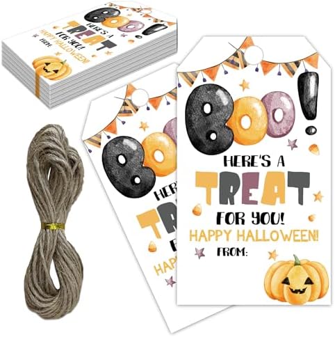 Halloween Paper Gift Tags with String-50Pcs, Here is A Treat for You Happy Halloween Tags for Goodie Bags, 2 x 3.5 Inch Writable Waterproof Hanging Labels for Decor Party Supplies, Gift Wrapping-B04 by RPLCSPC