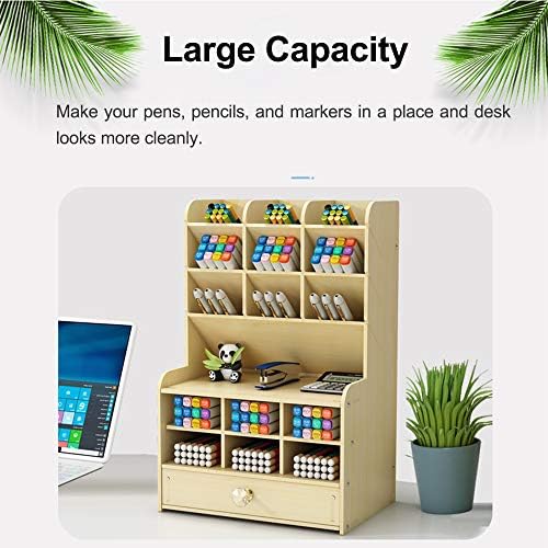Hggzeg Wooden Desk Organizer with Drawer, Large Capacity DIY Pen Holder Storage Box Desktop Stationary Storage Rack, Pen Organizer Caddies for Office, Home and School Supplies (B16-White Maple) - Image 3