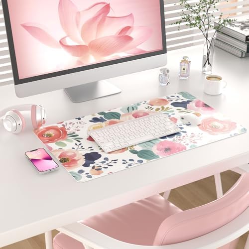 Faux Leather Large Mouse Pad, Office Desk Mat, 23.6"x13.8", Pink Floral - Image 2