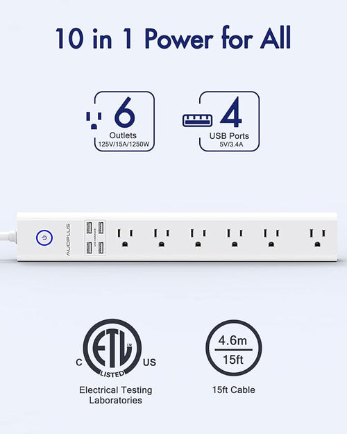 15 Ft Power Strip Surge Protector, 6 Outlets and 4 USB Ports, Flat Plug Power - Image 2