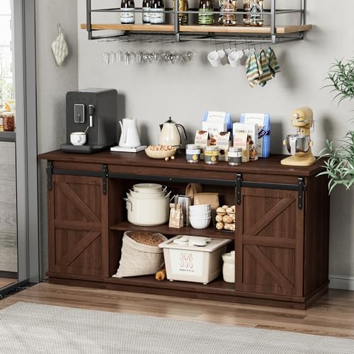 Shahoo Farmhouse Sideboard Buffet Cabinet, Coffee Bar Storage with Sliding Barn Doors, Shelf for Home Dining Room, Espresso - Image 3