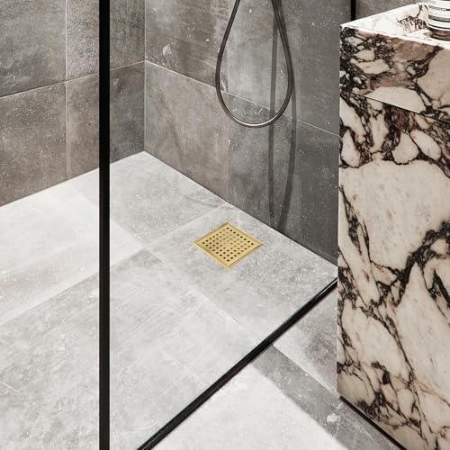 6" Square Shower Drain with Flange, Brushed Gold, Grate Removable - Image 2