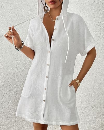 Bsubseach Womens Swimsuit Cover Up Shirt Hooded Beach Dress with Pockets - Image 2