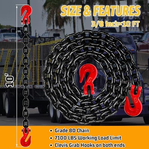 3/8" Transport Binder Chain-G80 Heavy Duty Log Chain with G70 Hooks Wll 7100 lbs|10FT Safety Tow Chains Towing Trailer Extension|Secure Working Load for Tie-Down&Lifting&Flatbed (EP Black) - Image 2