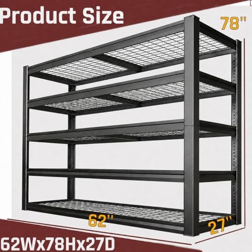 Heavy Duty Garage Shelving Unit 62 W x 27 D x 78 H, 5 Tier Metal Storage Shelves, Upgraded Steel Structure, Rack for Basement, Shop, Warehouse, Pantry, 2 Pack - Image 3