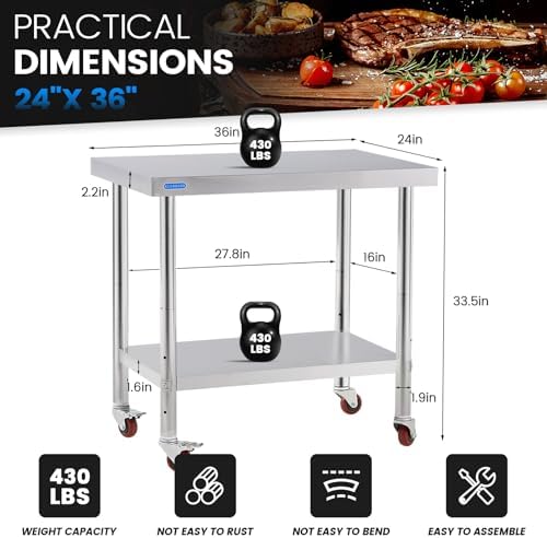 KUARBARR Stainless Steel Table for Prep & Work with 4 Caster Wheels with Undershelf 24 x 36 NSF Metal Commercial Kitchen Adjustable Undershelf Worktable for Restaurant Home Outdoor - Image 3