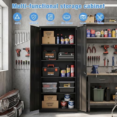 SUXXAN Metal Storage Cabinet with Doors and Shelves, 71" H Locking Steel Garage Cabinet for Home Office Studio Pantry,Tall Tool File Cabinet Black, Assembly Require - Image 4