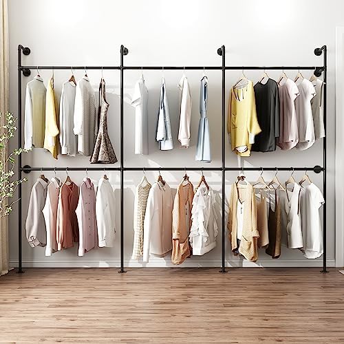 ORSENIGO Industrial Pipe Clothing Rack, Heavy Duty Metal Clothes Rack with Double Rods for Hanging Clothes, Wall Mount Space-Saving Garment Display Rack by ORSENIGO