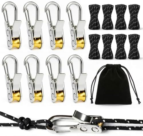 8 Pack Rope Tensioner Set with Alloy Buckles and Storage Bag, Adjustable Tie Down Ropes for Tent, Tarp, Hammock, Clothesline, Luggage & Outdoor Use (Black) by Unknown