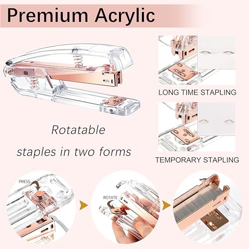 Rose Gold Desk Accessories, Office Supplies Desk Organizers 360°Pen Holder Acrylic Stapler Set, Phone Holder, Ballpoint Pen, Scissor, Binder Clips, Ruler, Transparent Glue, Sticky Note and Staples. - Image 3