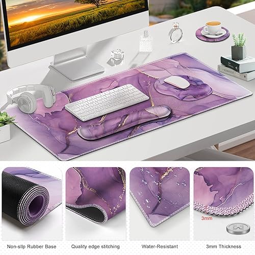 ToLuLu Desk Mat, XXL Large Mouse Pad Wrist Support Set，4 in1 Gaming Mousepad Desk Pad+ Ergonomic Mouse Pad with Wrist Rest + Keyboard Wrist Rest+Coaster for Women Home Office Computer, Purple Marble - Image 7
