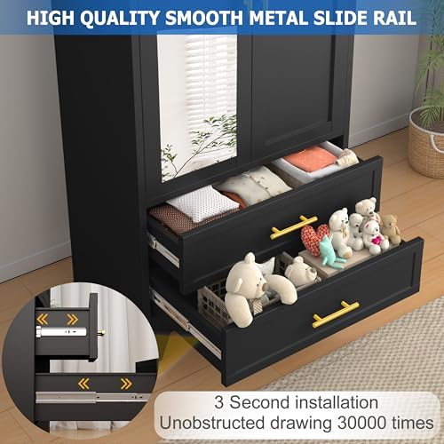 GAIOUS Steel Armoire Wardrobe Closet with Mirror and 2 Drawers 71" Black - Image 4
