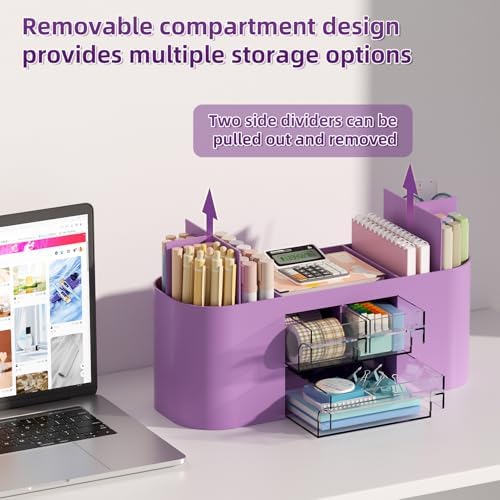 Marbrasse Pen Holder for Desk with 3 Drawers, Multi-Functional Pencil Holder, Desk Organizers and Accessories with 7 Compartments for Home, School, Classroom (Purple) - Image 3