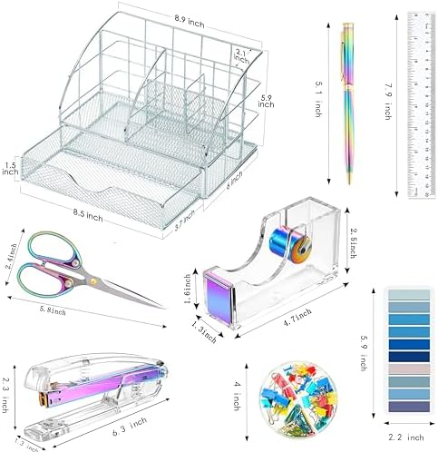 Dream Color Desk Accessories, Office Desk Organizers and Accessories Supplies with Mesh Desk Organizer, Tape Dispenser, Stapler, Staples, Ballpoint Pen, Clips Set, Ruler, Scissor, Sticky Tabs - Image 7