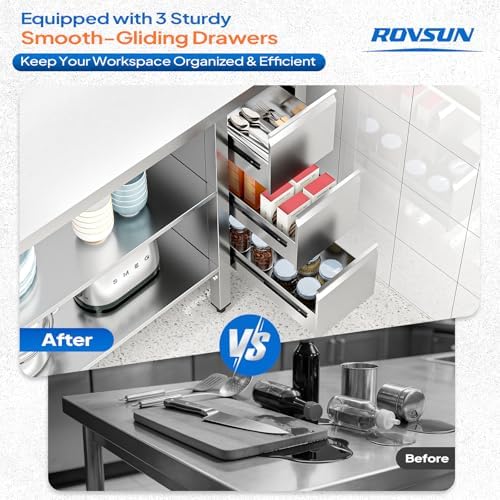 ROVSUN 48 x 24 Inches Stainless Steel Table with 3 Drawers, Heavy Duty Metal Prep & Work Table with Undershelf for Commercial Kitchen, Restaurant, Home, Hotel and Garage - Image 6