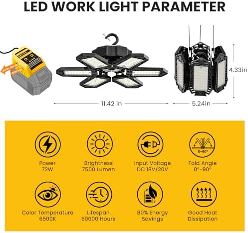 LED Work Light Compatible with Dewalt 20V Battery - 68W 6800LM Ceiling Flood Light 6+1 Deformable Panels Garage Light with Type-C & USB-A, Emergency Camping Light for Shed, Workshop, Job Site - Image 2