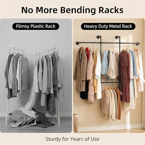 Industrial Pipe Clothing Rack, Hanging Garment Rack, Wall Mounted Pipe Clothes Rack with Four Hanging Rods, Heavy Duty Garment Rack, Industrial Steampunk Closet Organizer Hall Tree (Metal Pipes-Black) - Image 5