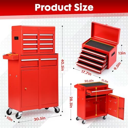Dawmilon 5-Drawer Rolling Tool Chest with Wheels - High Capacity Tool Cabinet with Detachable Top Toolbox for Garage and Workshop Organization - Metal Tool Cart with Liner & 4 Hooks, Red - Image 2