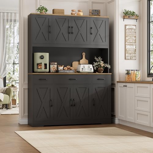 HOSTACK 71" Tall Kitchen Pantry Storage Cabinet, 55" W Kitchen Hutch, Black - Image 3