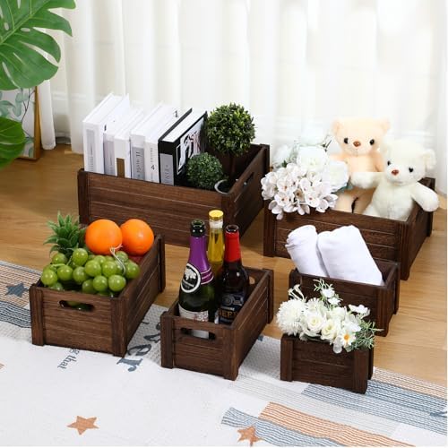AceOrbit 6 Pcs Decorative Wood Crates with Handle for Display, Dark Brown - Image 3