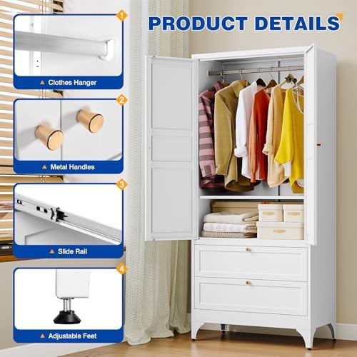 BYNSOE 71" Tall Metal Wardrobe Closet with 2 Drawers, Steel Armoire Cabinet with Hanging Rod and Adjustable Shelves, Freestanding Clothes Storage Organizer for Bedroom Office Furniture - Image 6