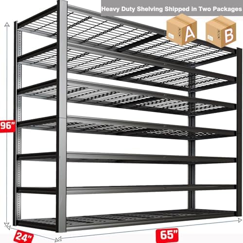 65" W Garage Shelving Heavy Duty, 7 Tier Garage Shelves, 65" W x 96" H x 24" D Adjustable Storage Shelving Unit, Commercial Metal Shelves for Warehouse, Basement,2 Pack - Image 2