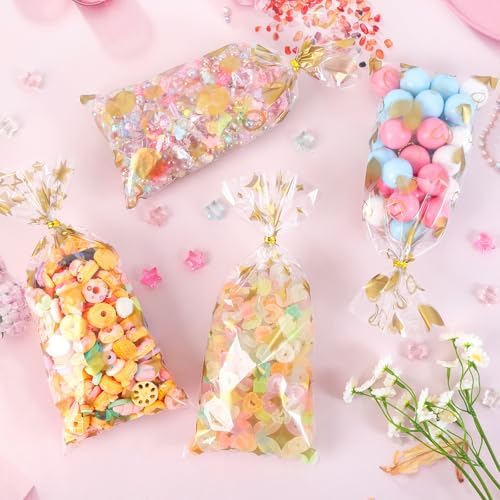 COQOFA 100 Pcs Gold 5"X11" Gift Wrap Cellophane Treat Bags Clear Party Favor Candy Cookie Bags Plastic Goodie Storage Bag with Twist Ties for Birthday, Wedding,Party Decorations(4 Patterns) - Image 5