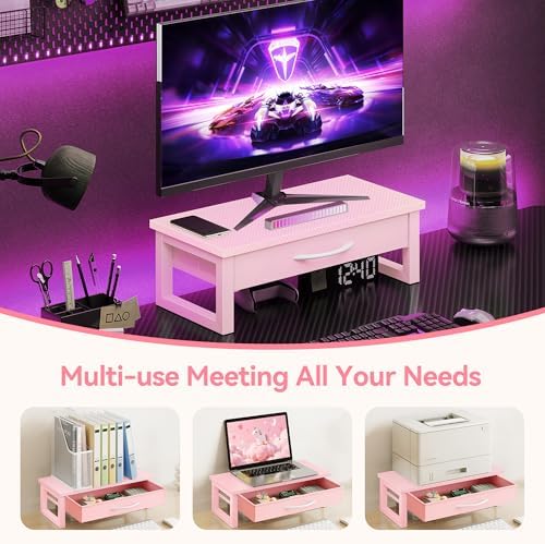 Desk Organizers and Accessories, Computer Monitor Stand Riser with Fabric Drawer, 2-Tier Laptop Stand for Desk, Office Organization Accessories, Pink - Image 5