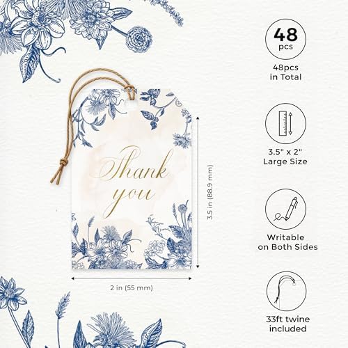 Vintage Blue Thank You Gift Tags with String 48pcs for Favors and Gift Bags - Image 3