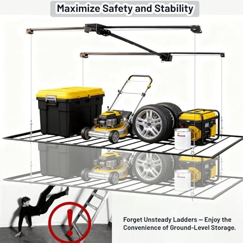 4×8 ft Heavy Duty Overhead Garage Storage Rack, 661 lbs Capacity with Safety Lock,Ceiling Mounted Storage Shelf, Steel Garage Ceiling Organizer for Garage, Basement, Warehouse (Black) - Image 4