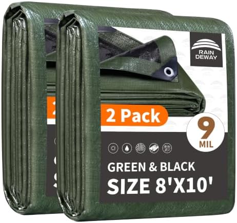 RAINDEWAY 8x10 Feet(2 Pack) Tarp Waterproof,9Mil Green/Black Tarps Cover by RAINDEWAY