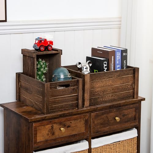 Large Vintage Brown Wooden Crates For Storage,Nesting Handmade Solid Wood Vintage Black Wood Storage Boxes.Storage Crates For Organizing. - Image 2
