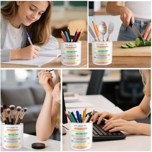 Large Capacity Pen Holder for Desk, Ceramic Pencil Holder Pen Cup Marker Holder Makeup Brush Holders, Desk Accessories & Workspace Organizers for Home, Office, Inspiring Words - Image 2