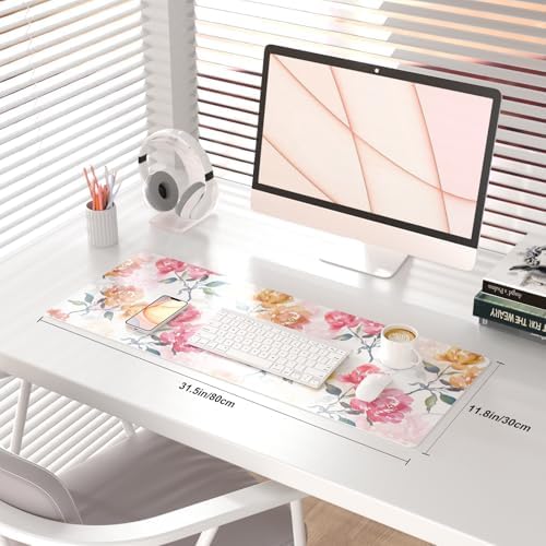 QiyI PU Leather Large Mouse Pad, Office Desk Mat, 31.5" x 11.8", Peonies - Image 2